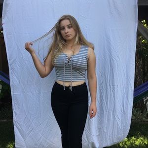 Stripped lace up crop top